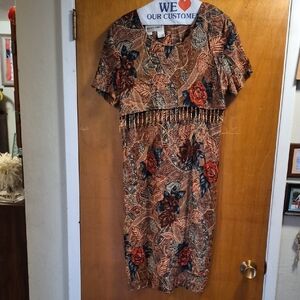 Floral Fringe Midi Dress in Brown and Black by